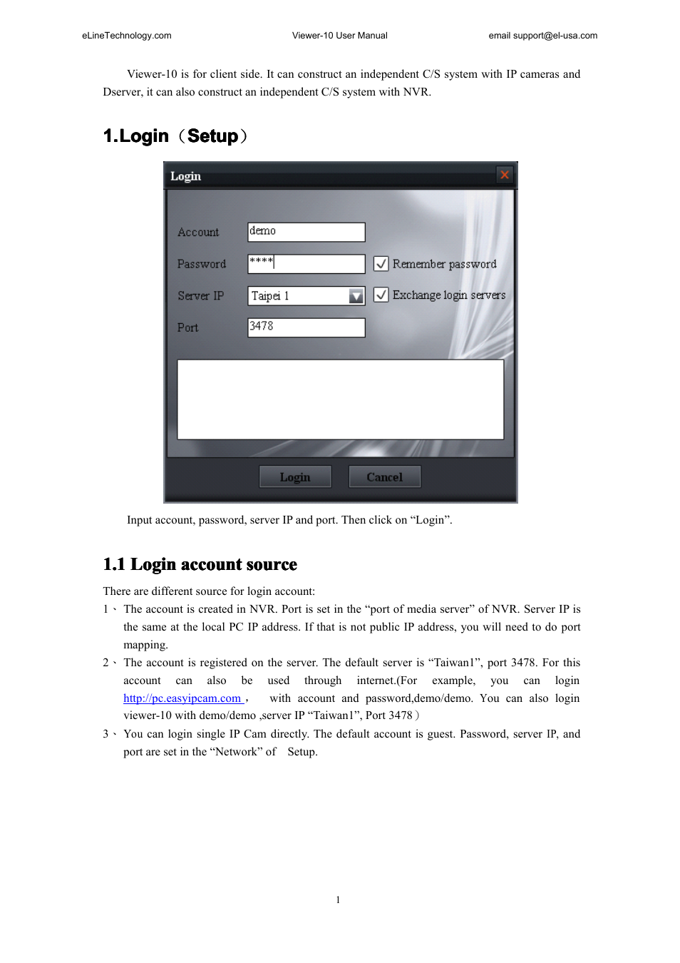 Login（setup, 1loginaccountsource, Ogin | Etup, 1 login account source | eLine Technology SNI-Viewer User Manual | Page 2 / 19
