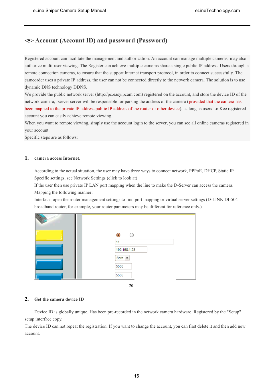 Account (account id) and password (password), Amera access, Internet | Et the camera device | eLine Technology SNI-CamSetup User Manual | Page 16 / 44