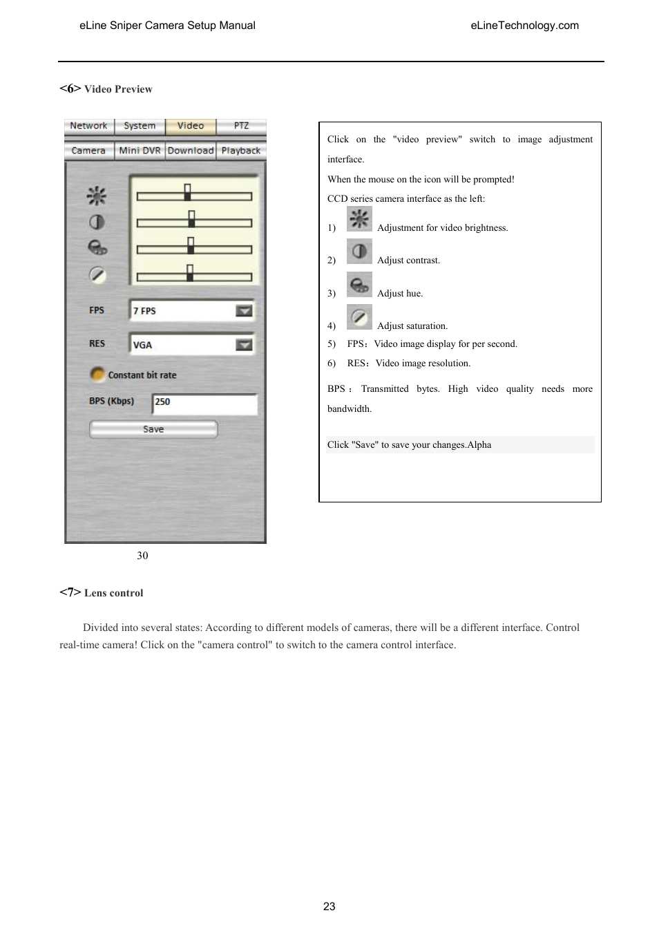 Video preview, Lens control | eLine Technology SNI-CamSetup User Manual | Page 24 / 44