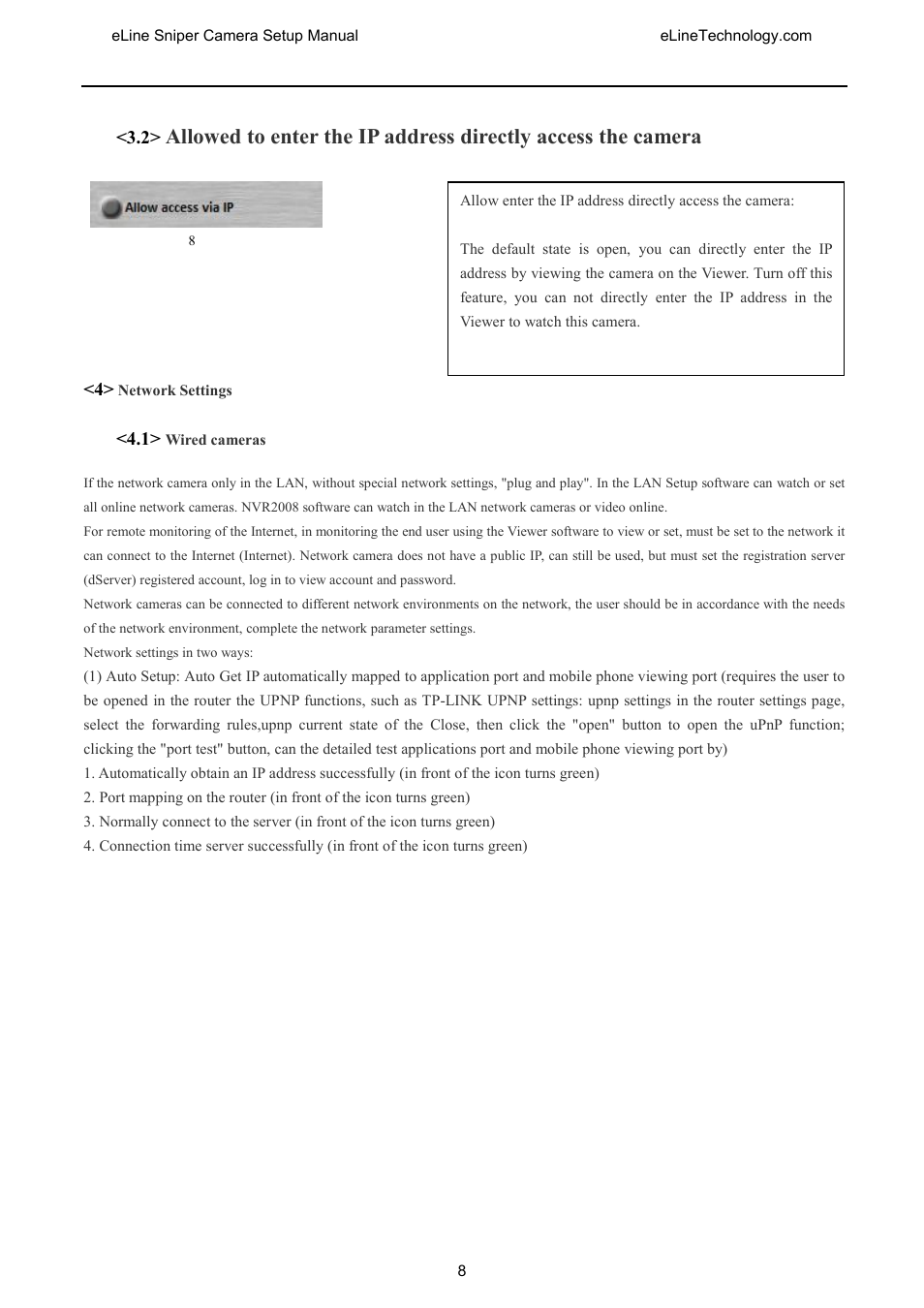 Llowed to enter the, Address directly access the camera, Network settings | Ired cameras | eLine Technology SNI-CamSetup User Manual | Page 9 / 44