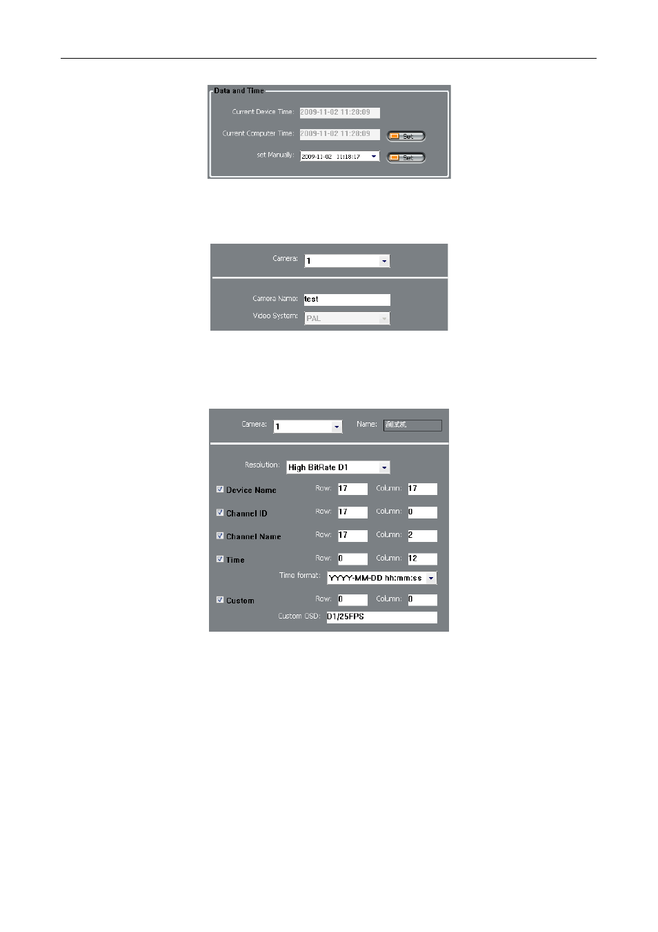 Date and time, Camera settings, Osd settings | eLine Technology SIP_NVMS User Manual | Page 27 / 50