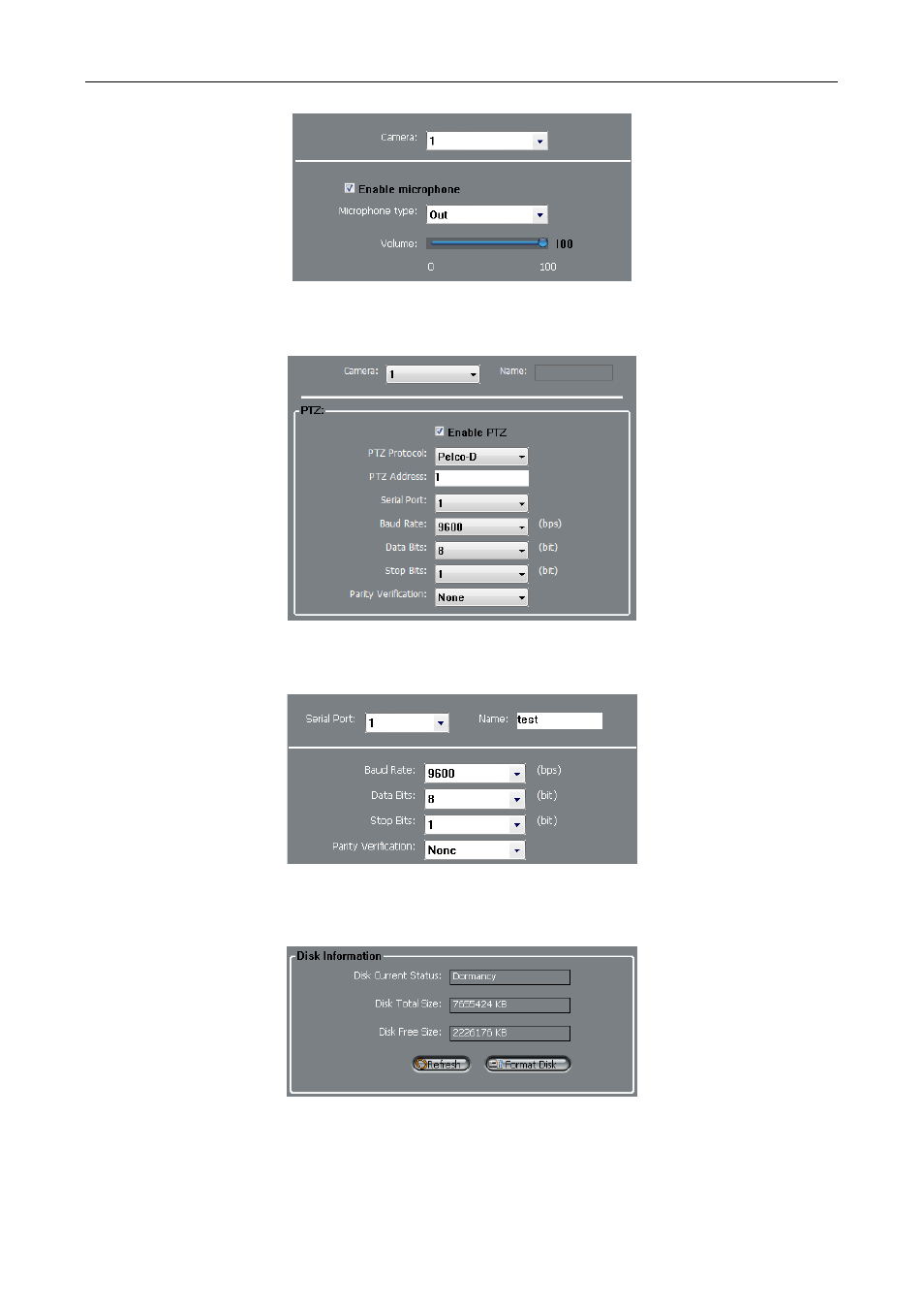 Microphone settings, Ptz settings, Rs485 parameter setting | Disk format, 4 alarm configuration | eLine Technology SIP_NVMS User Manual | Page 28 / 50