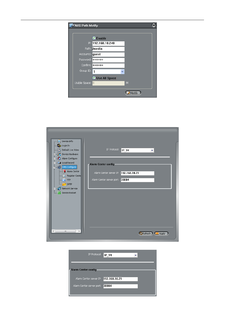 6 cms configure, Alarm center | eLine Technology SIP_NVMS User Manual | Page 35 / 50