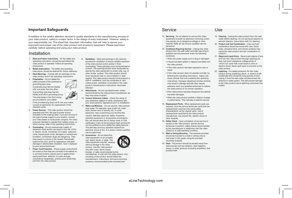Installation, Service, Important safeguards | Precautions | eLine Technology SIP-VD-R User Manual | Page 3 / 38