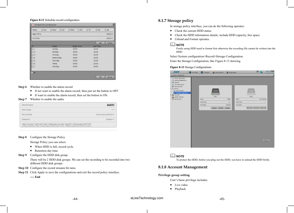 7 storage policy, 8 account management | eLine Technology SIP-NVR User Manual | Page 23 / 34