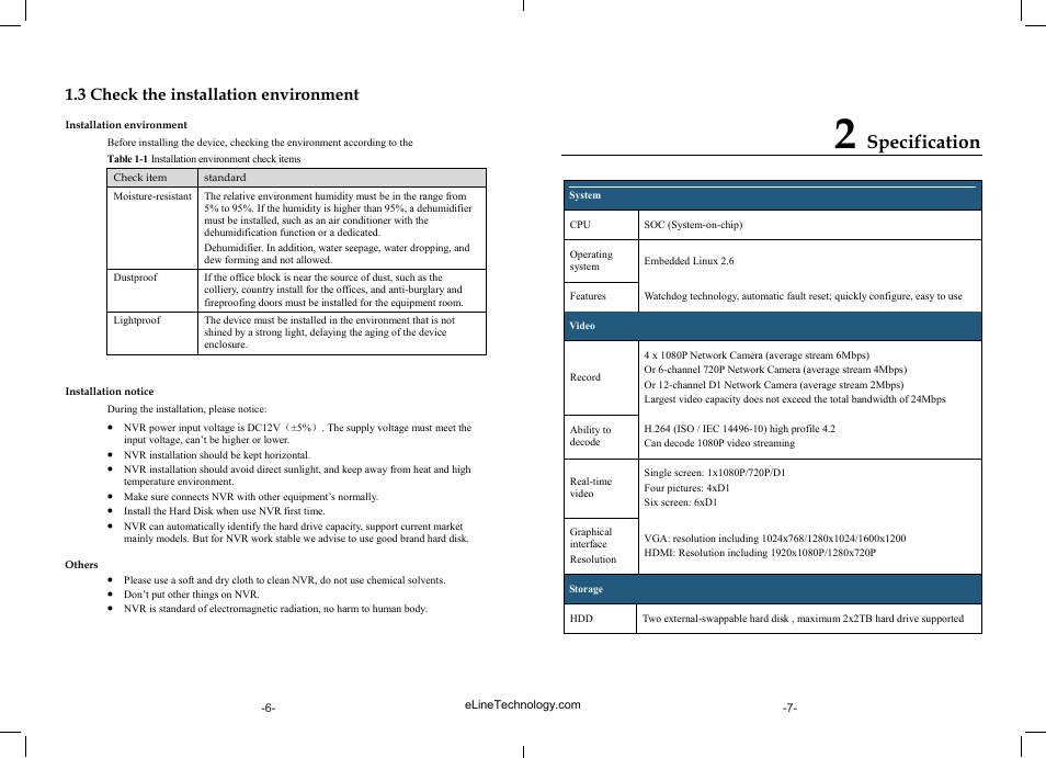 Specification, 3 check the installation environment | eLine Technology SIP-NVR User Manual | Page 4 / 34