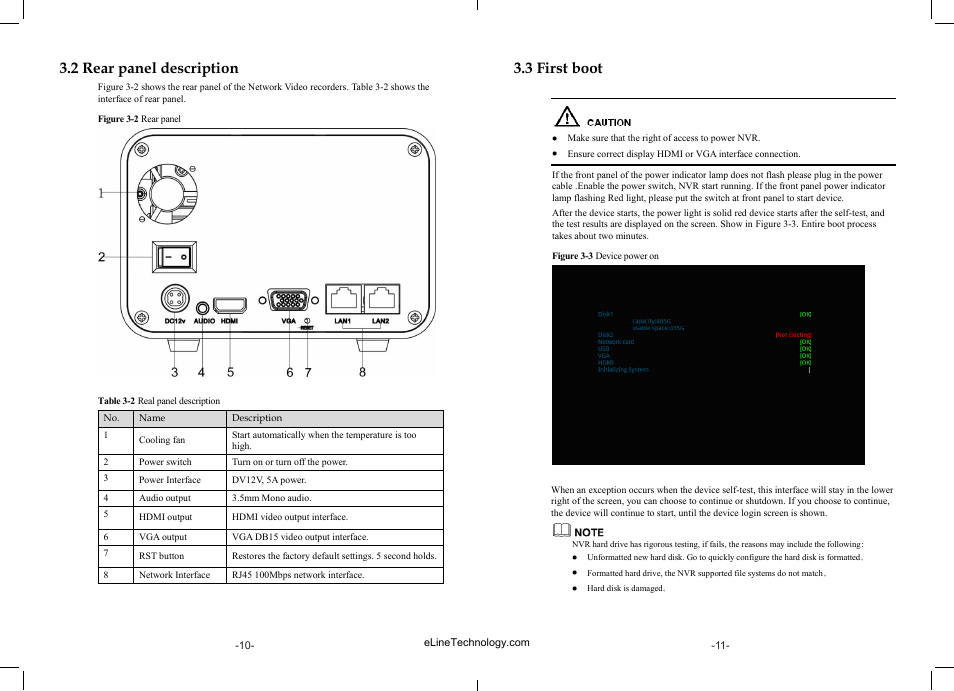 2 rear panel description, 3 first boot | eLine Technology SIP-NVR User Manual | Page 6 / 34