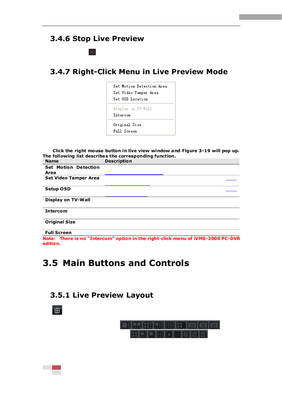 5 main buttons and controls, 6 stop live preview, 7 right-click menu in live preview mode | 1 live preview layout | eLine Technology iVMS-2000 V2.0.2 User Manual | Page 31 / 113