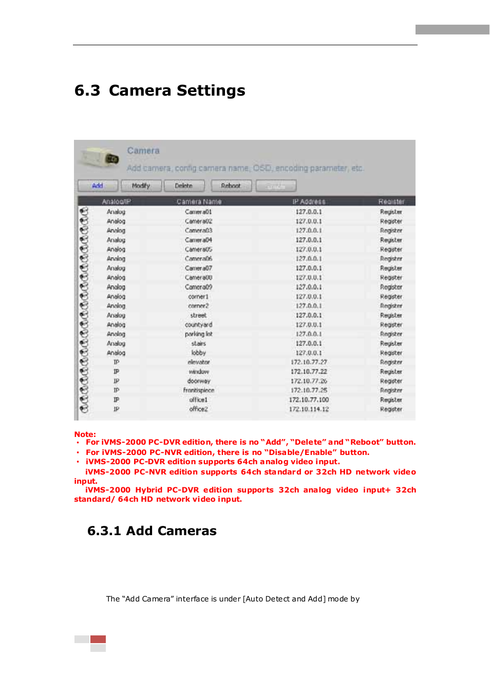 3 camera settings, 1 add cameras | eLine Technology iVMS-2000 V2.0.2 User Manual | Page 79 / 113