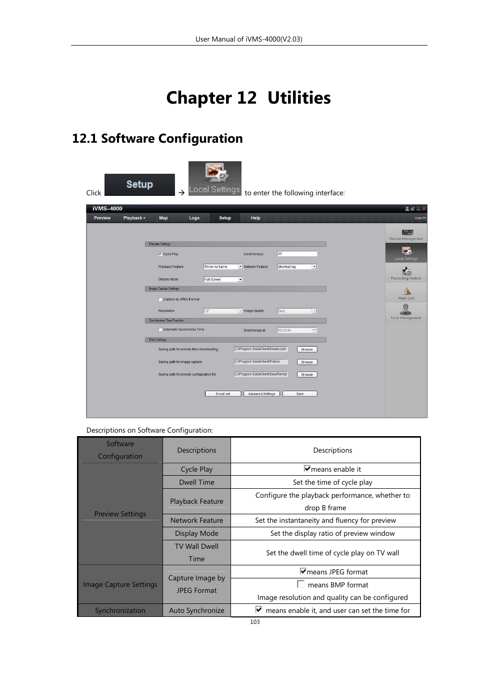 Chapter 12 utilities, 1 software configuration | eLine Technology iVMS-4000 V2.03 User Manual | Page 104 / 112