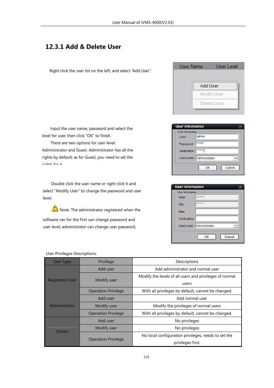 1 add & delete user | eLine Technology iVMS-4000 V2.03 User Manual | Page 111 / 112