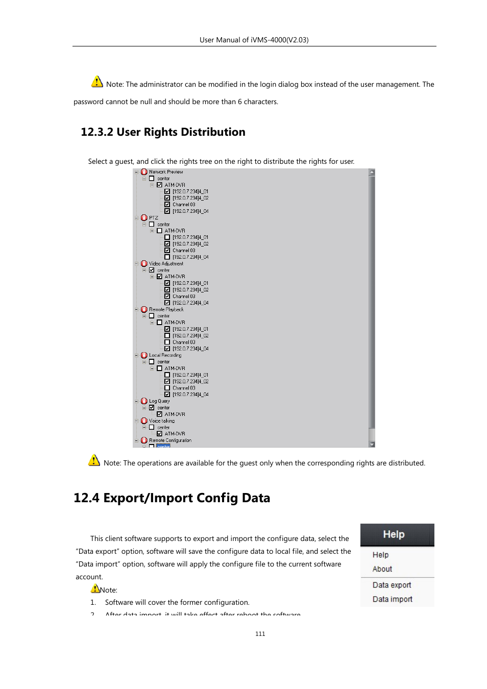 2 user rights distribution, 4 export/import config data | eLine Technology iVMS-4000 V2.03 User Manual | Page 112 / 112