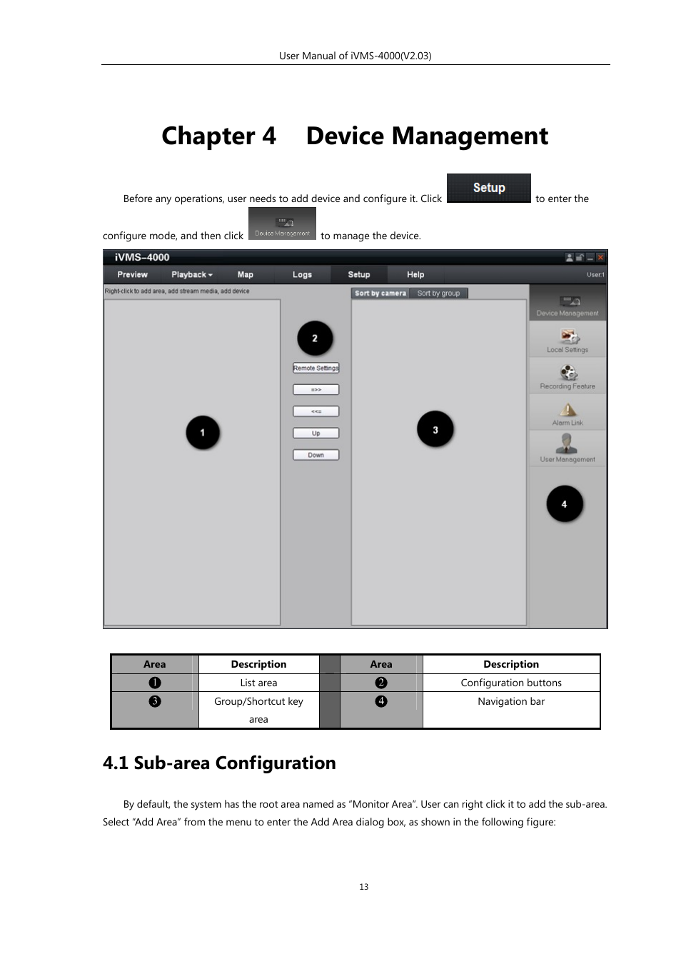 Chapter 4 device management, 1 sub-area configuration, Chapter 4 | Device management | eLine Technology iVMS-4000 V2.03 User Manual | Page 14 / 112