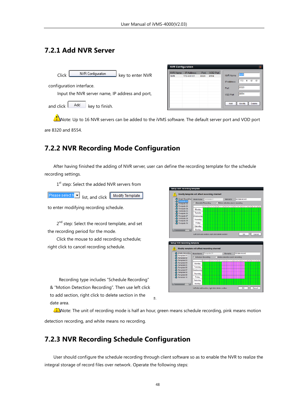 1 add nvr server, 2 nvr recording mode configuration, 3 nvr recording schedule configuration | eLine Technology iVMS-4000 V2.03 User Manual | Page 49 / 112