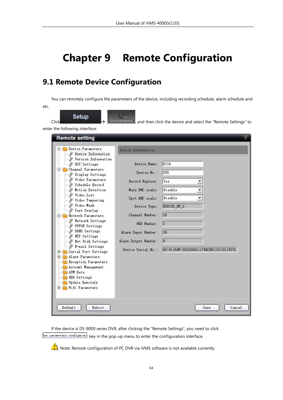 Chapter 9 remote configuration, 1 remote device configuration, Chapter 9 | Remote configuration | eLine Technology iVMS-4000 V2.03 User Manual | Page 65 / 112