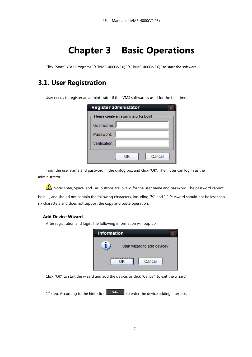 Chapter 3 basic operations, User registration, Chapter 3 | Basic operations | eLine Technology iVMS-4000 V2.03 User Manual | Page 8 / 112