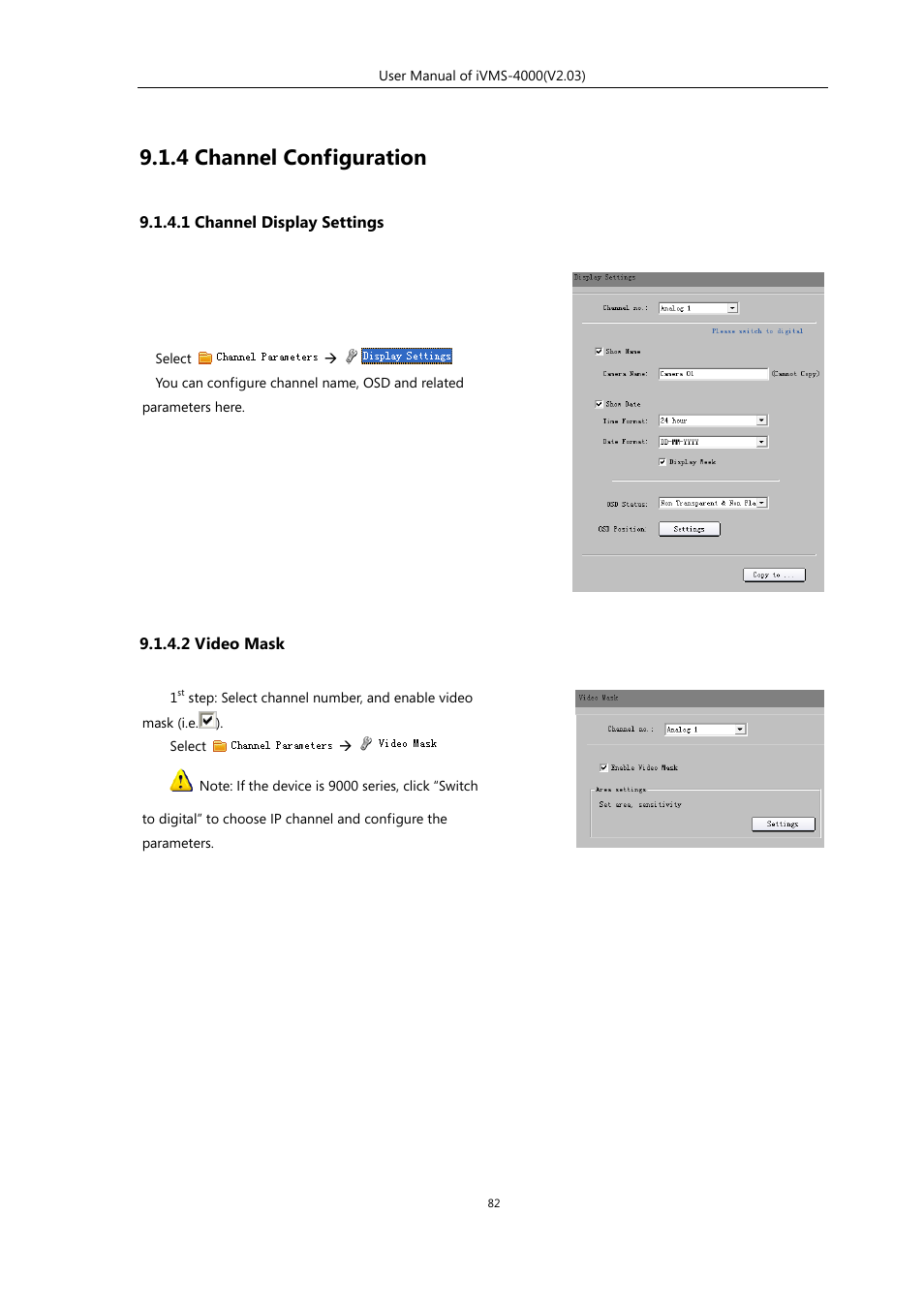 4 channel configuration, 1 channel display settings, 2 video mask | El configuration, 4 chann | eLine Technology iVMS-4000 V2.03 User Manual | Page 83 / 112