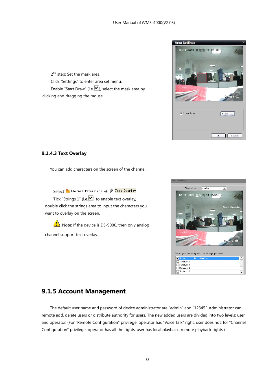 3 text overlay, 5 account management | eLine Technology iVMS-4000 V2.03 User Manual | Page 84 / 112