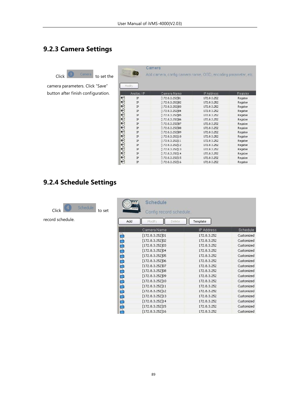 3 camera settings, 4 schedule settings | eLine Technology iVMS-4000 V2.03 User Manual | Page 90 / 112