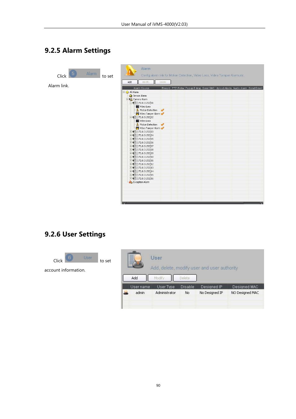 5 alarm settings, 6 user settings | eLine Technology iVMS-4000 V2.03 User Manual | Page 91 / 112