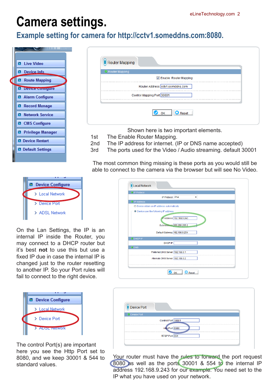 Camera settings | eLine Technology SIP Camera Internet Settings User Manual | Page 2 / 2