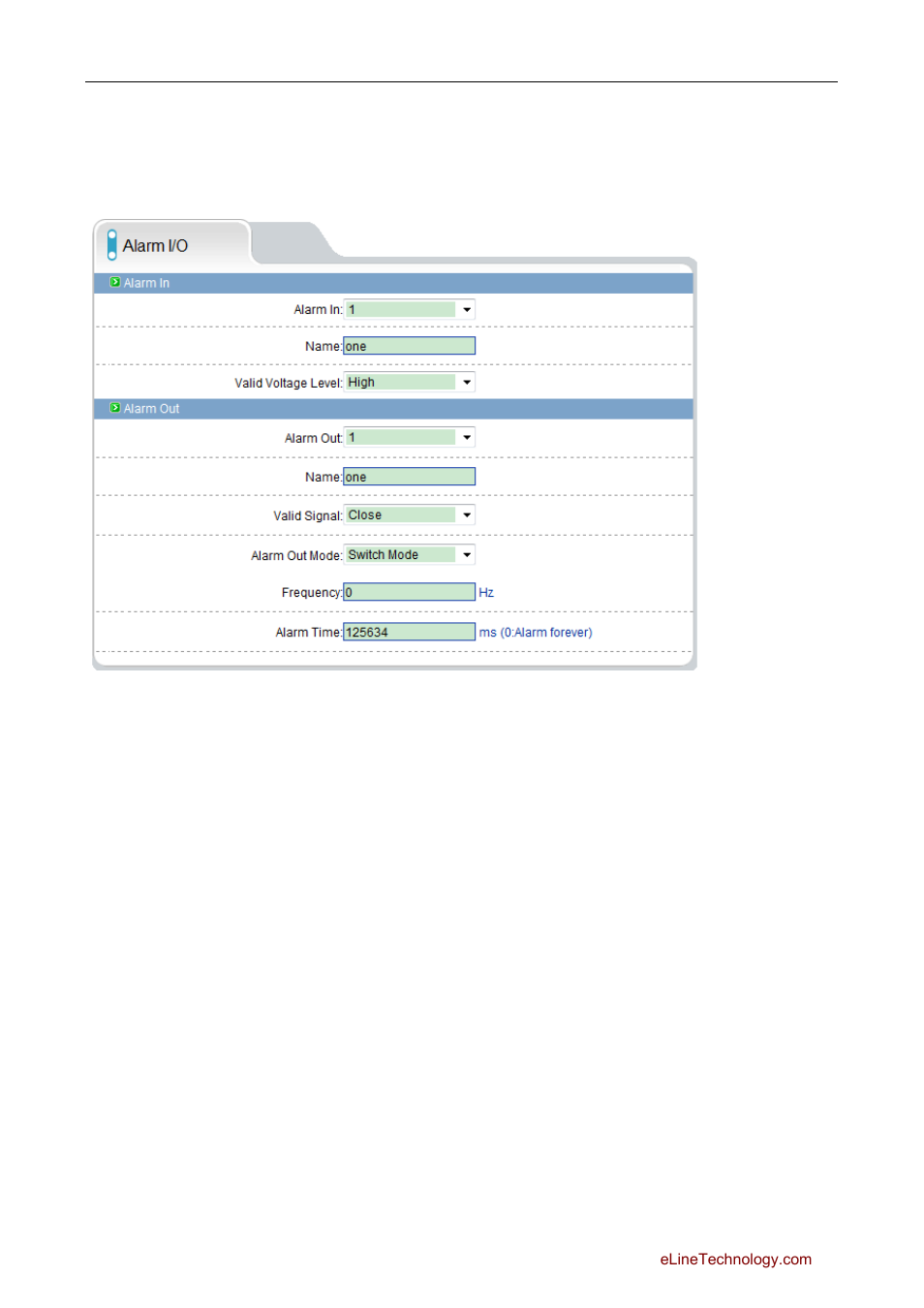 7 alarm configuration, 1 alarm i/o parameter configuration, Larm configuration | eLine Technology SIP Web Browser Guide v1.0 User Manual | Page 15 / 29