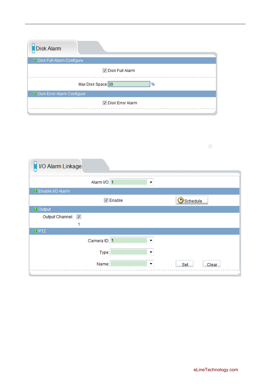 2 disk alarm configuration, 3 i/o alarm linkage configuration | eLine Technology SIP Web Browser Guide v1.0 User Manual | Page 16 / 29
