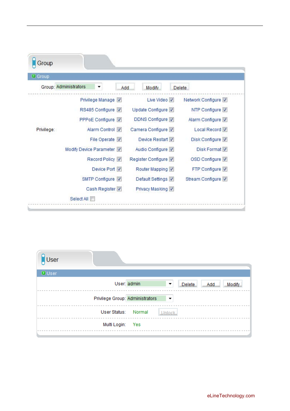 12 privilege manager, 1 authority group setting, 2 user setting | Rivilege, Anager | eLine Technology SIP Web Browser Guide v1.0 User Manual | Page 27 / 29