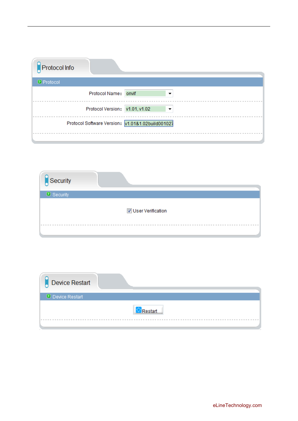 13 protocol, 1 protocol information, 2 security | 13 device restart, 15 default settings, Protocol, Evice, Estart, Efault settings | eLine Technology SIP Web Browser Guide v1.0 User Manual | Page 28 / 29