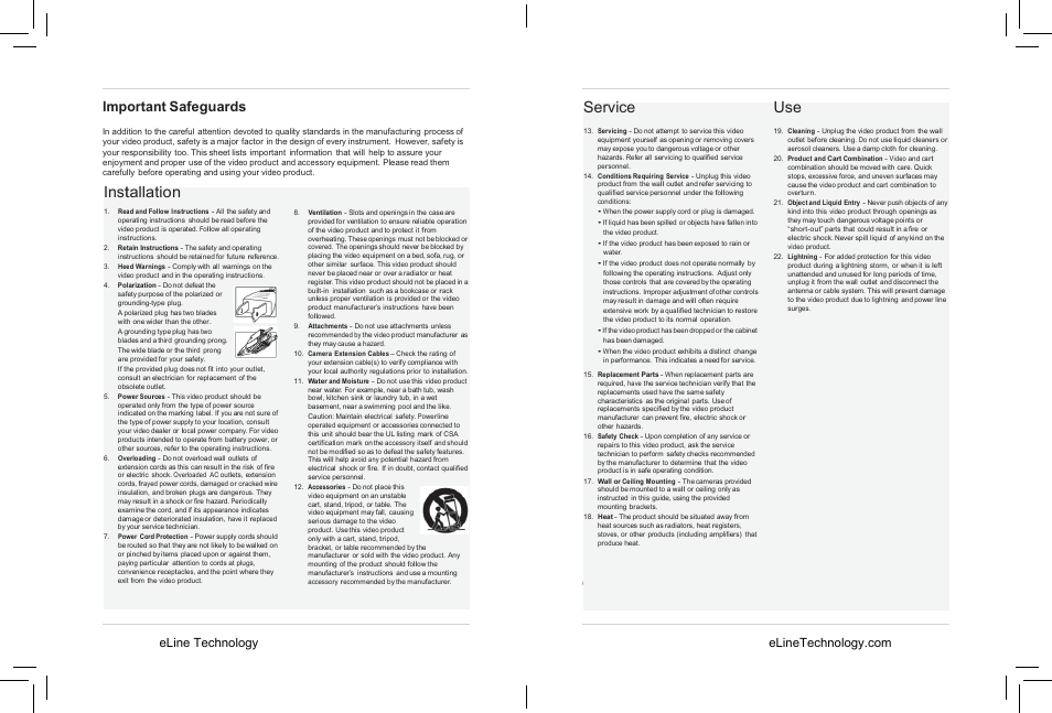 Service, Installation, General precautions | Important safeguards | eLine Technology SIP-B-R User Manual | Page 3 / 36