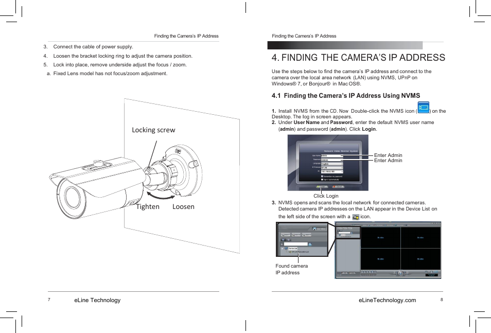 Finding the camera’s ip address, Loosen tighten locking screw | eLine Technology SIP-B-R User Manual | Page 9 / 36