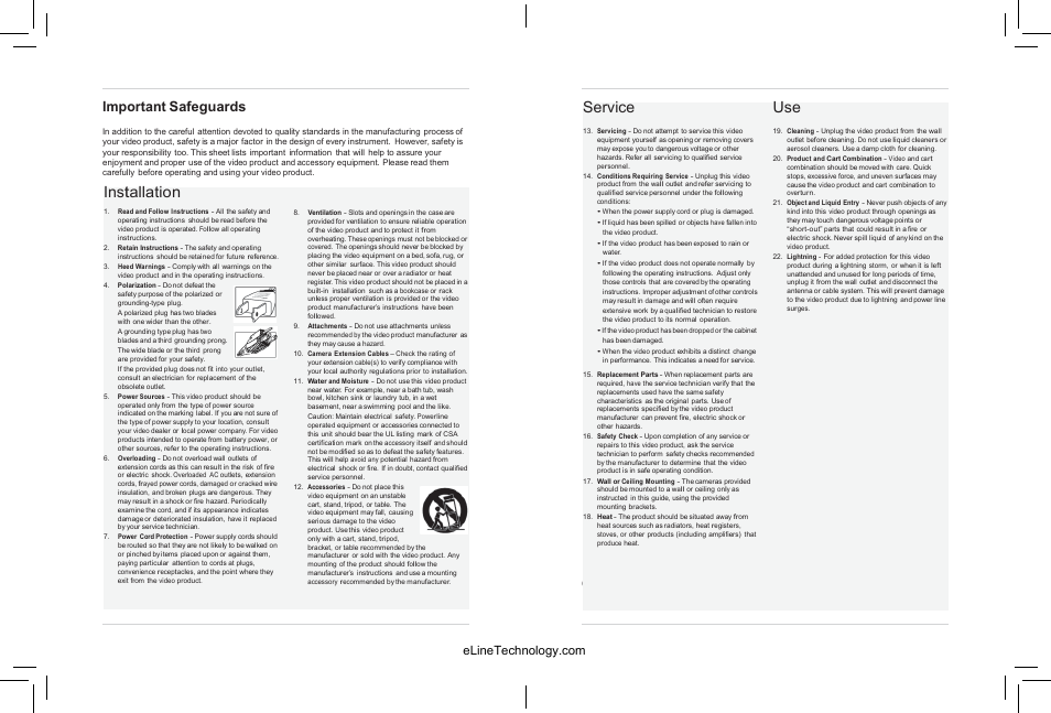Installation, Service, Important safeguards | General precautions | eLine Technology SIP-D User Manual | Page 3 / 36