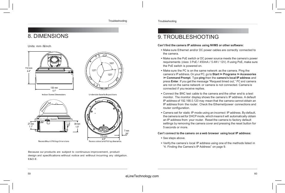 Dimensions, Troubleshooting | eLine Technology SIP-D User Manual | Page 35 / 36