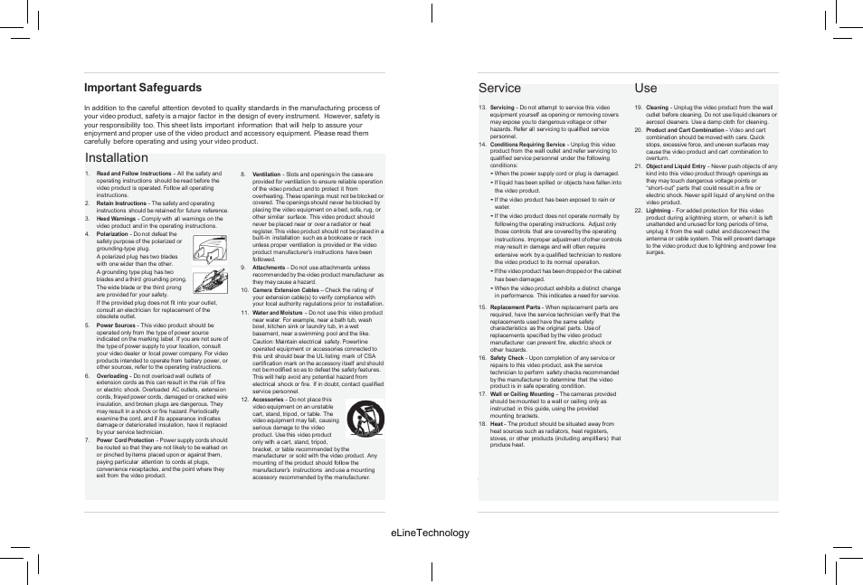Service, Installation, Precautions | Important safeguards, Elinetechnology | eLine Technology SIP-FB User Manual | Page 3 / 35