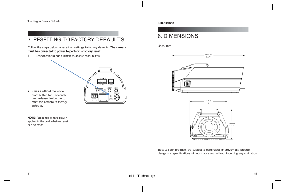 Dimensions, Resetting to factory defaults | eLine Technology SIP-FB User Manual | Page 34 / 35