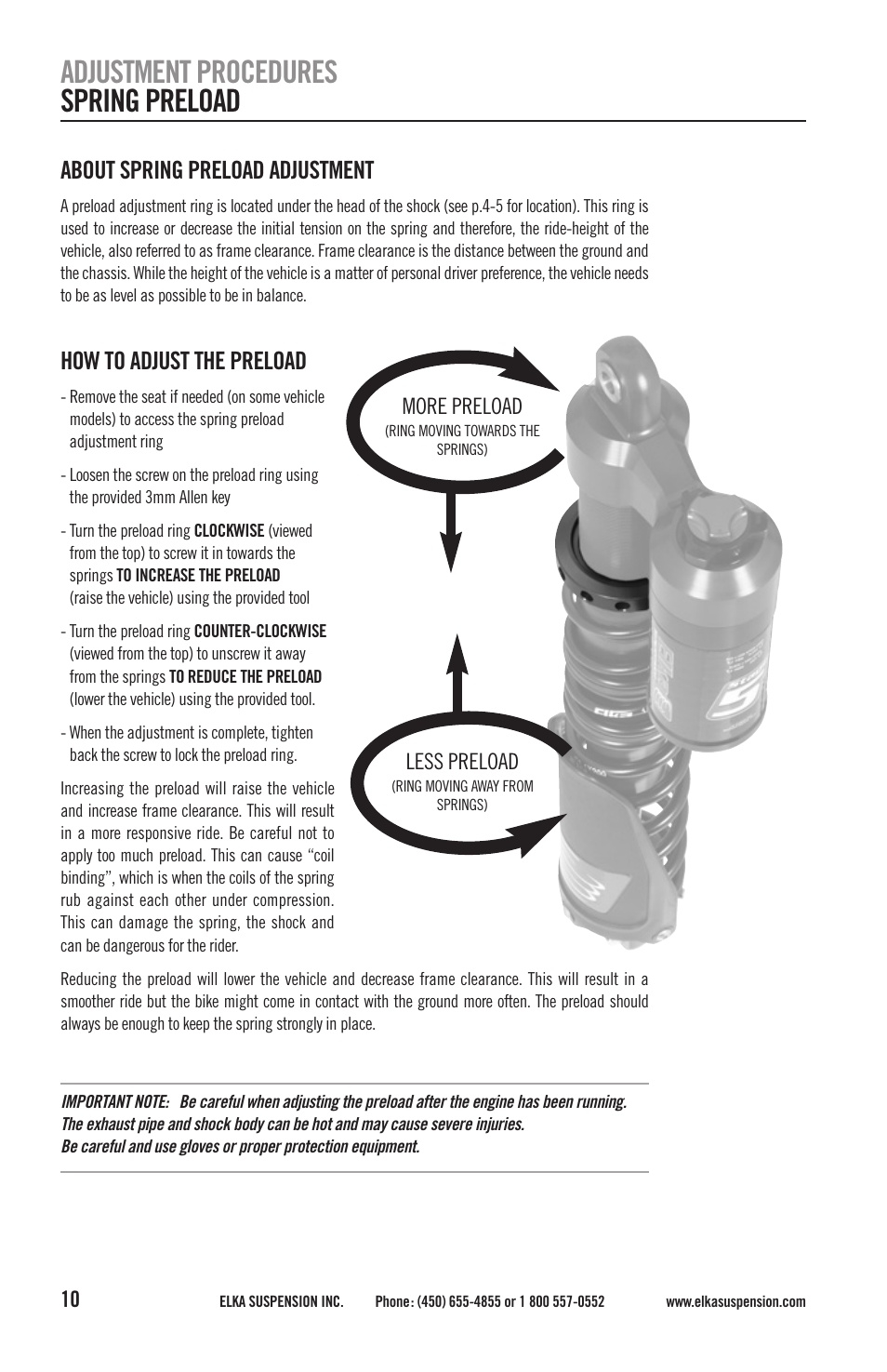 Adjustment procedures spring preload, About spring preload adjustment, How to adjust the preload | Elka Suspension SHOCK ABSORBERS User Manual | Page 10 / 24