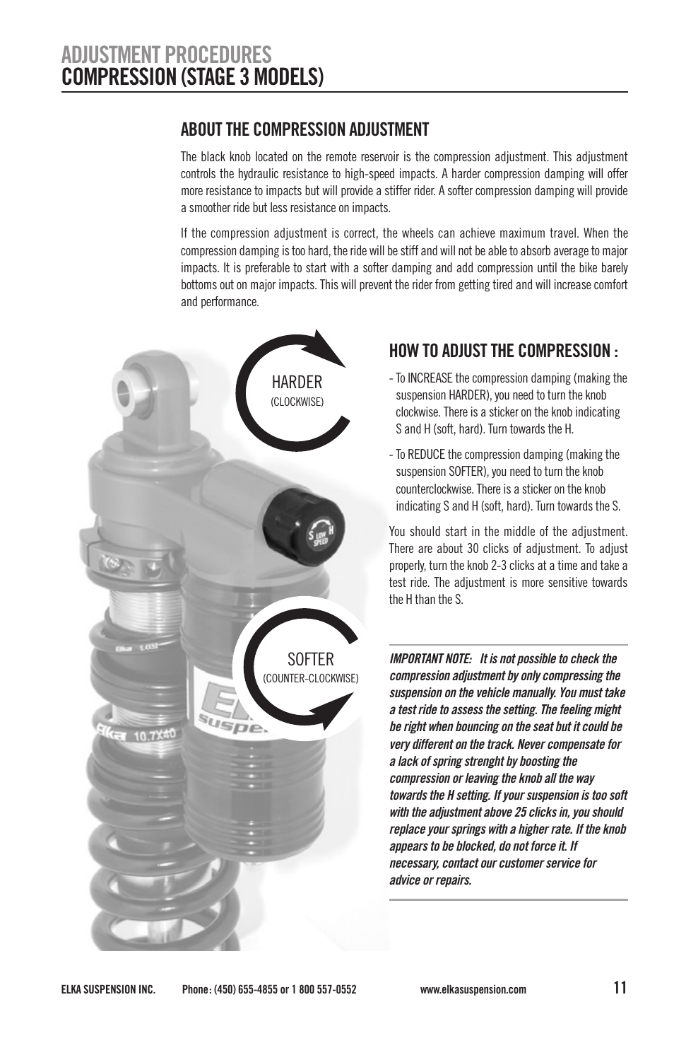 Adjustment procedures compression (stage 3 models), About the compression adjustment, How to adjust the compression | Elka Suspension SHOCK ABSORBERS User Manual | Page 11 / 24