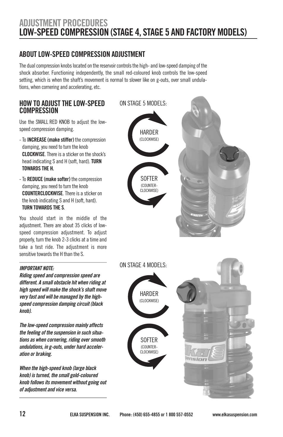About low-speed compression adjustment, How to adjust the low-speed compression | Elka Suspension SHOCK ABSORBERS User Manual | Page 12 / 24