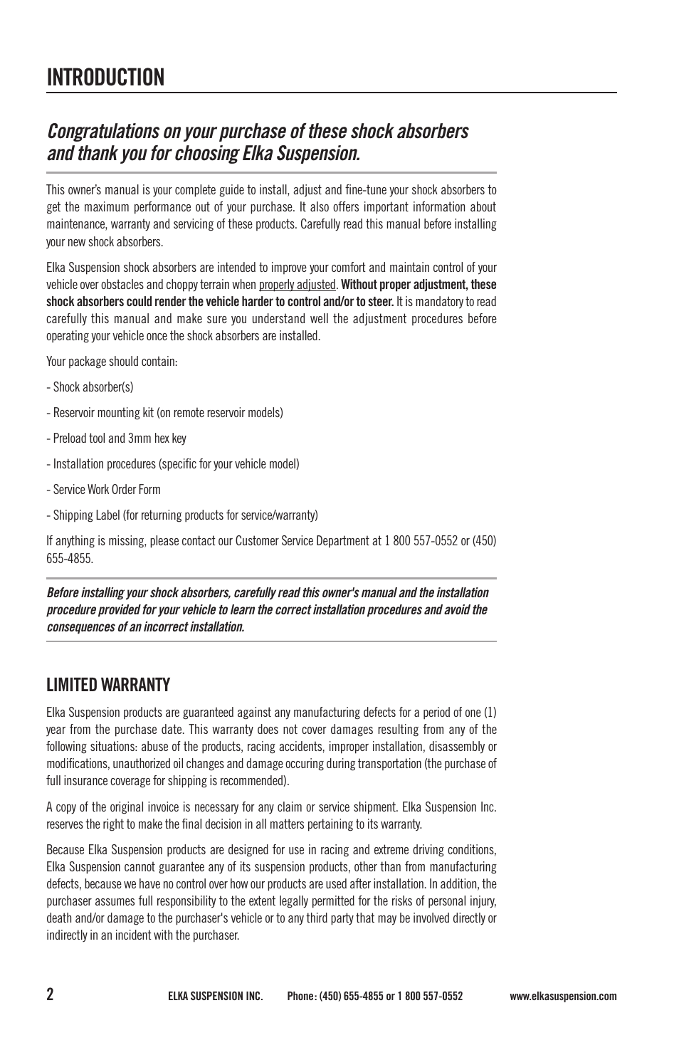 Introduction, Limited warranty | Elka Suspension SHOCK ABSORBERS User Manual | Page 2 / 24