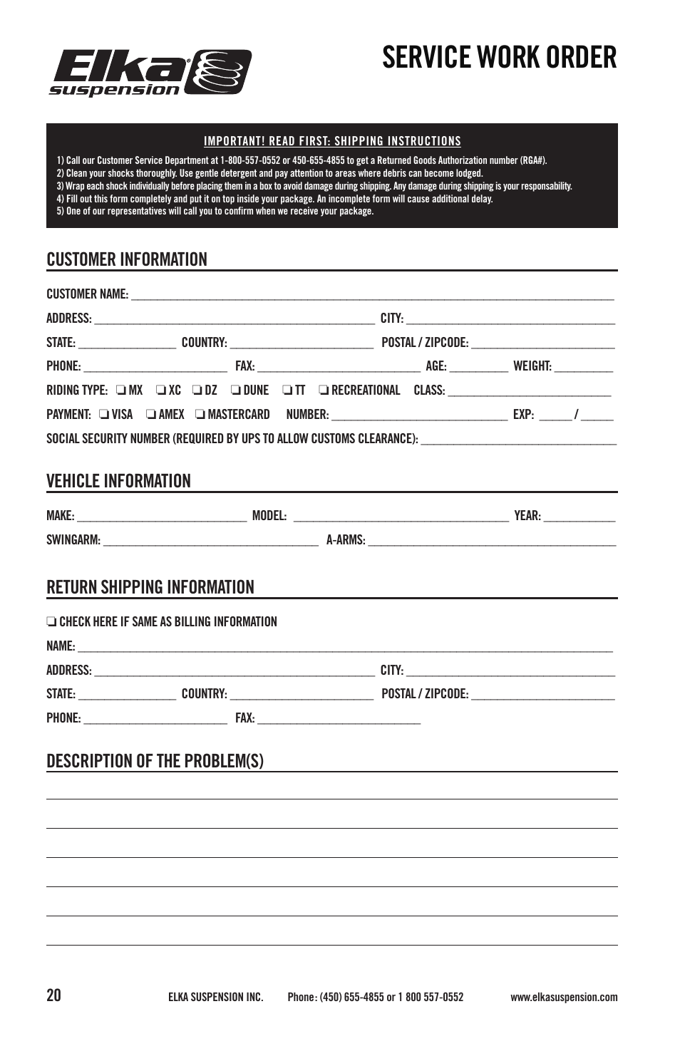 Service work order, Customer information, Vehicle information | Return shipping information, Description of the problem(s) | Elka Suspension SHOCK ABSORBERS User Manual | Page 20 / 24