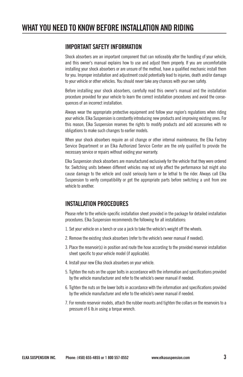Important safety information, Installation procedures | Elka Suspension SHOCK ABSORBERS User Manual | Page 3 / 24