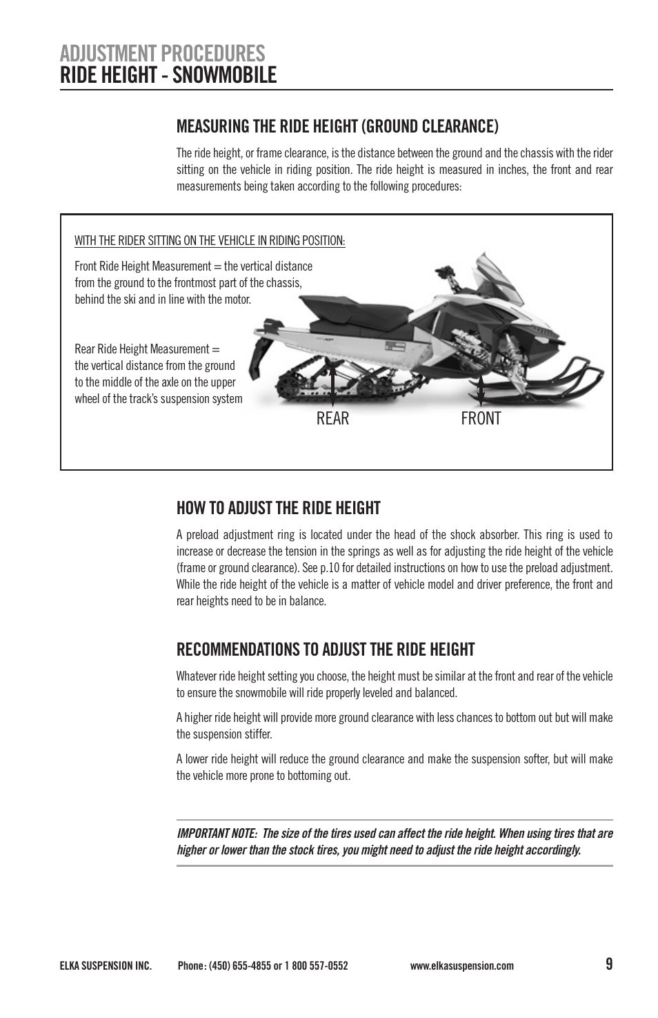 Adjustment procedures ride height - snowmobile, Measuring the ride height (ground clearance), How to adjust the ride height | Recommendations to adjust the ride height | Elka Suspension SHOCK ABSORBERS User Manual | Page 9 / 24