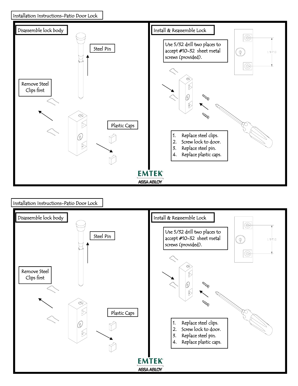 Emtek Patio Door Bolt User Manual | 1 page