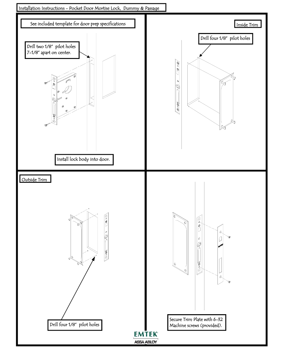 Emtek Pocket Door Mortise Lock-Passage & Dummy User Manual | 1 page