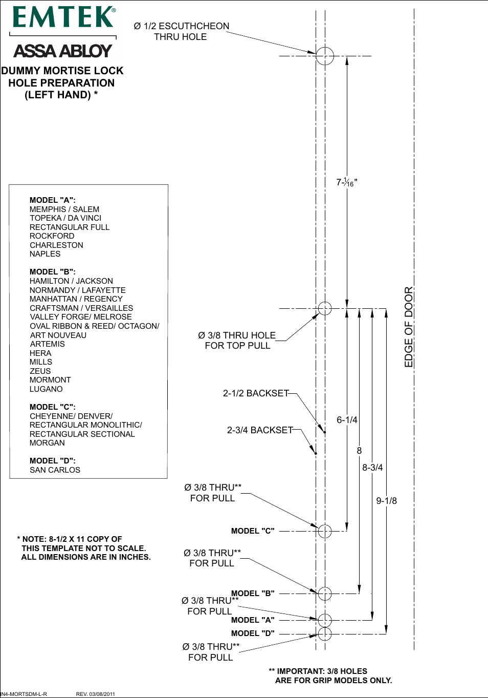 Emtek Dummy Mortise Lock Door Prep - Left Hand User Manual | 1 page