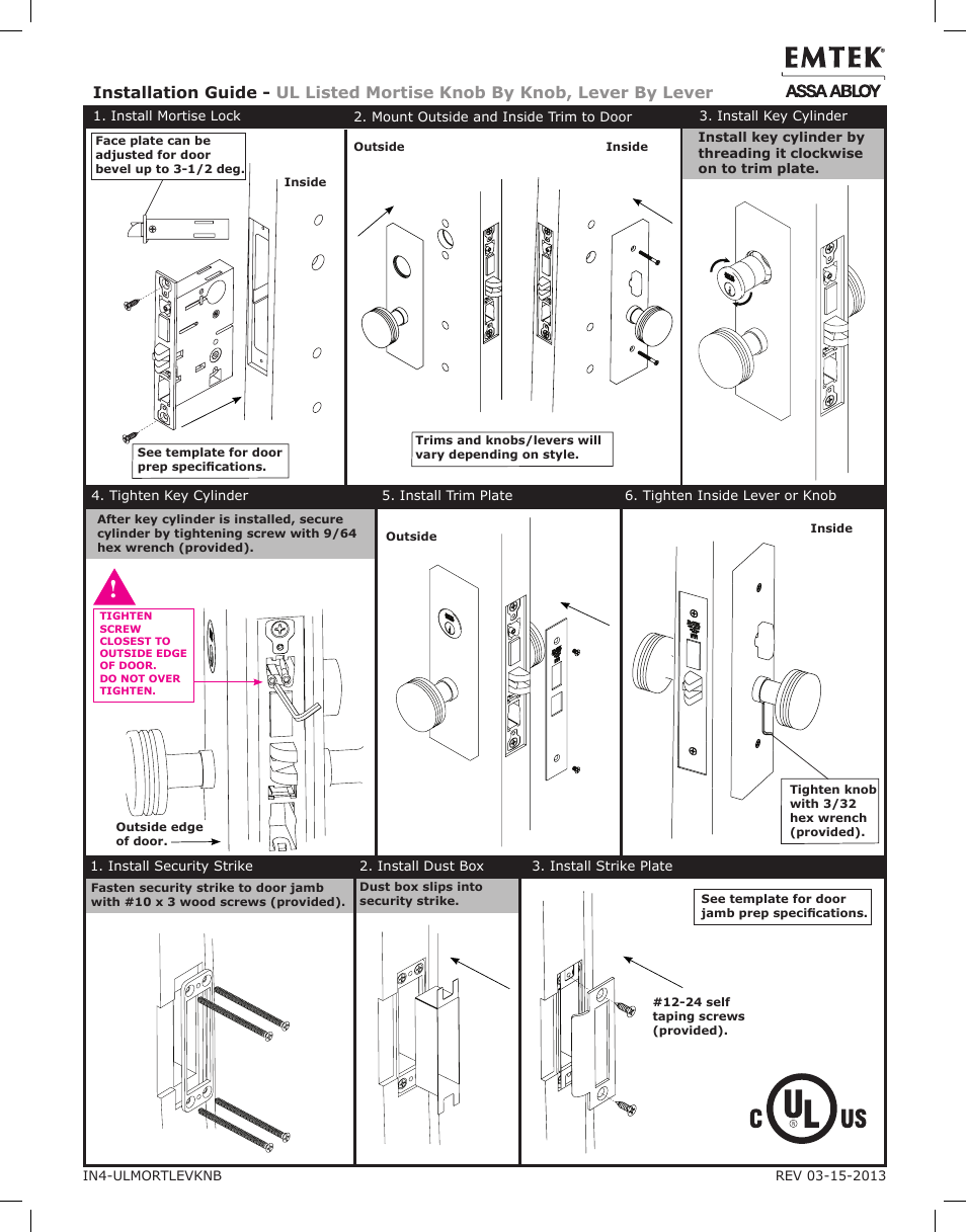 Emtek UL Listed Mortise Knob by Knob, Lever by Lever User Manual | 1 page