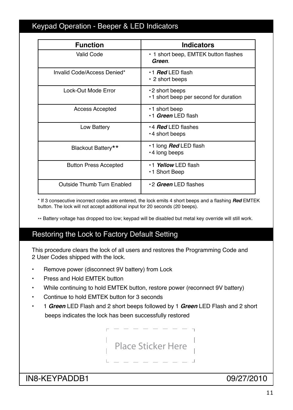 Place sticker here, Restoring the lock to factory default setting, Keypad operation - beeper & led indicators | Emtek Keypad Deadbolt Locksets User Manual | Page 11 / 12