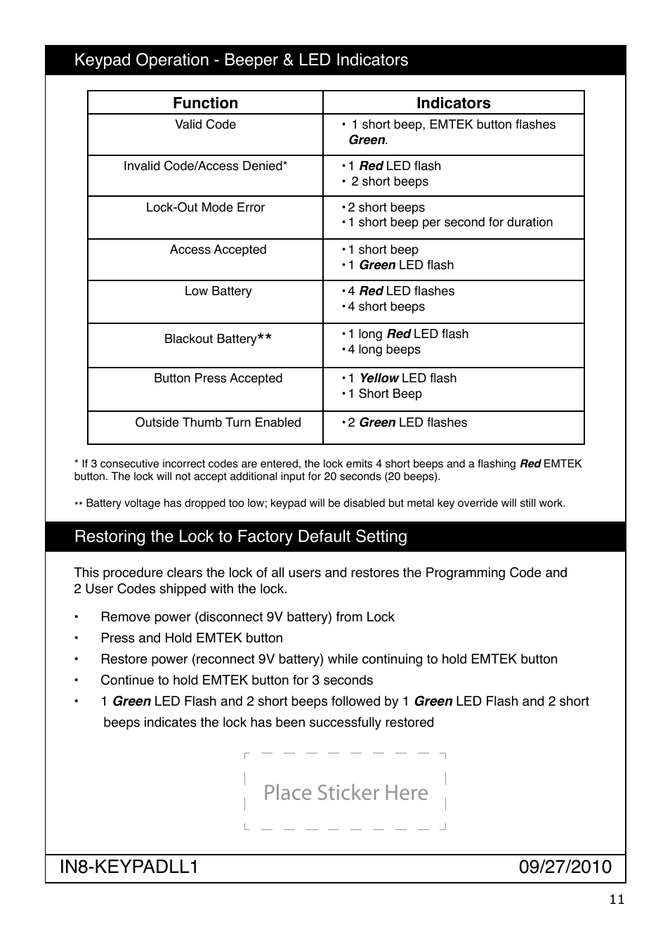 Place sticker here, Restoring the lock to factory default setting, Keypad operation - beeper & led indicators | Emtek Keypad Leverset Locksets User Manual | Page 11 / 12