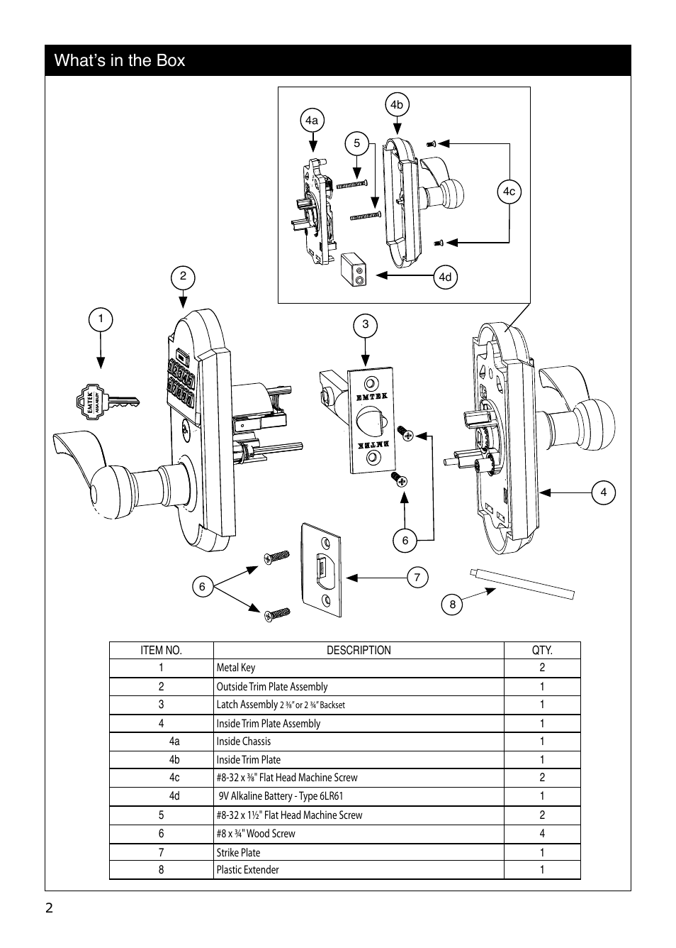 What’s in the box | Emtek Keypad Leverset Locksets User Manual | Page 2 / 12