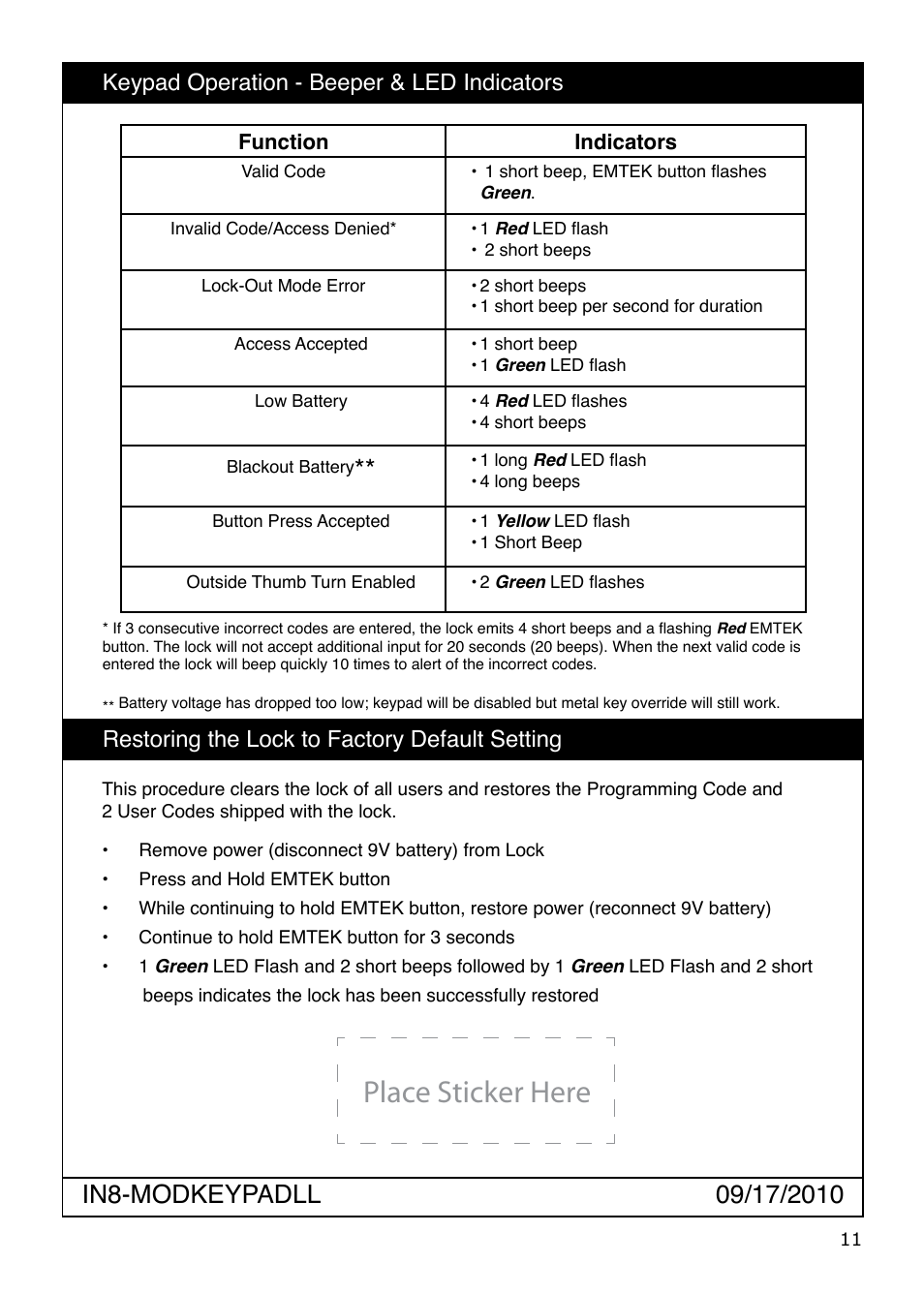 Place sticker here, Restoring the lock to factory default setting, Keypad operation - beeper & led indicators | Emtek Modern Keypad Leverset Locksets User Manual | Page 11 / 12